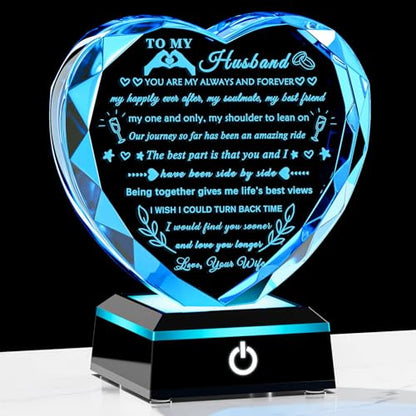 YWHL Gifts for Husband from Wife with Colorful LED Base Anniversary Birthday Gifts for Husband to My Husband Crystal Heart keepsake I Love You Gifts for Him on Valentine Christmas Fathers Day - style: Husband Gifts+ LED Base Style 1