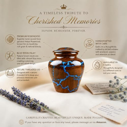 Small Cremation Urn for Human Ashes Adult - Keepsake Memorial & Funeral Urn for Mom, Dad | Premium Mini Rosewood Urn - Blue Resin Inlay | Sharing Urn for Men & Women, Pet Urn for Dog & cat - 20 CU/in - size: SMALL 20 Cu