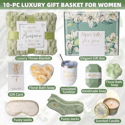 Get Well Soon Gift Baskets for Women,Self Care Gift Package Box, Birthday,Spa & Sympathy Care Package Gifts Set for Mom, Wife, Girlfriend, Sister & Friends - color: Green