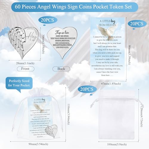 Fumete 20 Sets Funeral Favors for Guests Celebration of Life Decorations Heart Pocket Hug Token Angel Coins and Memorial Prayer Cards Funeral Decor Sympathy Gifts (English) - style: English