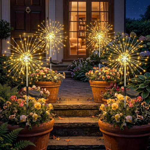Solar Firework Lights Outdoor 4 Pack, 120LED Solar Starburst Twinkle Garden Lights with 8 Modes,Waterproof Decorative Fairy Light for Garden, Backyard, Halloween & Lawn Landscape Decor - color: Warm White, size: 4 Pack