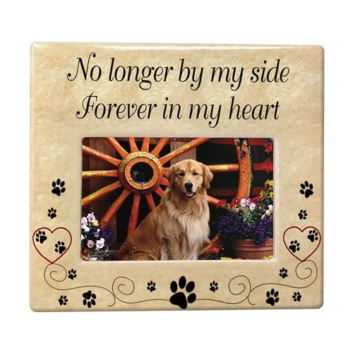 Pet Memorial Picture Frame, Ceramic Pet Loss Gift with Sympathy Quote “No Longer By My Side Forever In My Heart” – Dog & Cat Memorial Photo Frame for Rainbow Bridge Remembrance – 8” x 7.25” - size: 1 pack