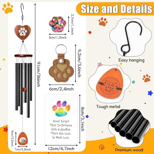 Dog Memorial Wind Chimes - 36'' Pet Memorial Gift with Wooden Base, Pawprint Ornament & Keychain, Sympathy Bereavement Gift for Loss of Pet, Remembrance for Garden Patio
