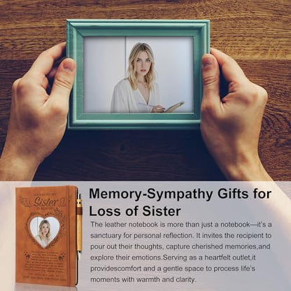 3 Pcs Memorial Gifts for Loss of Sister A5 Grief Journal Travel Diary with Heart Photo Window in Cover Remembrance Pocket Hug PU Leather Keychain& Pen, Loss of Sister Sympathy Bereavement Gift - style: Sister