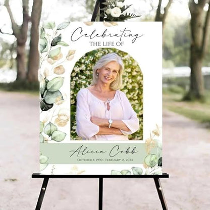 Green Eucalyptus Funeral Welcome Sign, Celebration of Life Welcome Sign, in Loving Memory Sign, Celebration of Life Funeral Sign, Celebration of Life Sign, Memorial Sign with Photo #vd123 - color: Version #24