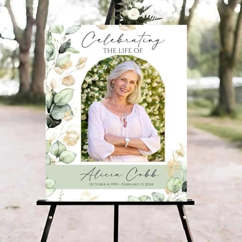 Green Eucalyptus Funeral Welcome Sign, Celebration of Life Welcome Sign, in Loving Memory Sign, Celebration of Life Funeral Sign, Celebration of Life Sign, Memorial Sign with Photo #vd123 - color: Version #24