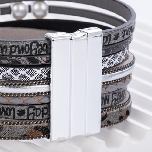 Tree of Life Inspirational Leather Wrap Bracelets Boho Western Cowgirl Cuff - color: Gray Cheetah
