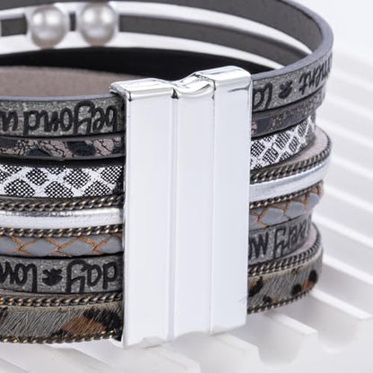 Tree of Life Inspirational Leather Wrap Bracelets Boho Western Cowgirl Cuff - color: Gray Cheetah