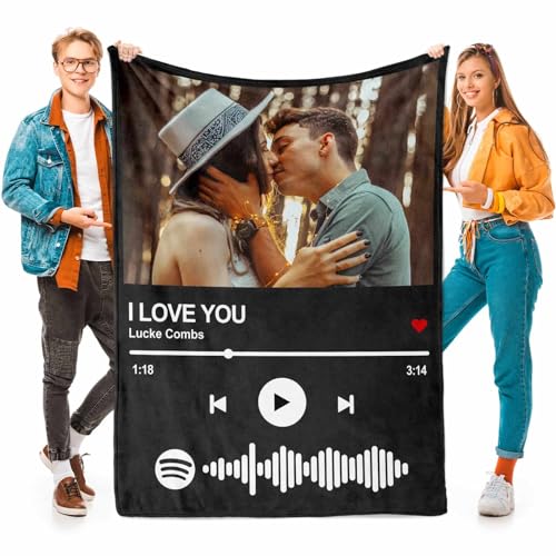 Printwoo Personalized Spotify Code Music Blanket Custom Blanket with Picture Text Customized Blankets Thows Photo Blankets Customize Gifts for Mom Dad Couple Girlfriend Boyfriend Wife Husband - color: 1 Photo-2