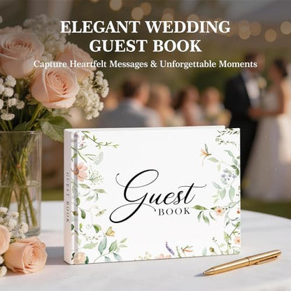 EVERLORIA Wedding Guest Book, Leather Guest Sign in Book, 108 Blank Pages Signature Guestbook for Wedding Reception Anniversary Bridal Baby Shower Quinceanera Birthday Graduation, 9"x7" - color: Floral B