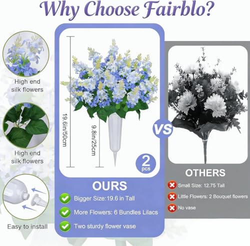 2 Sets Artificial Flowers for Cemetery with Vase 20Inch | UV Resistant Grave Decorations Long-Lasting Cemetery Flowers for Grave Headstones Graveyard Outdoor