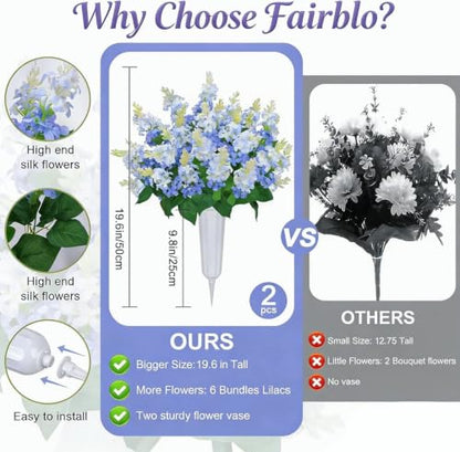 2 Sets Artificial Flowers for Cemetery with Vase 20Inch | UV Resistant Grave Decorations Long-Lasting Cemetery Flowers for Grave Headstones Graveyard Outdoor