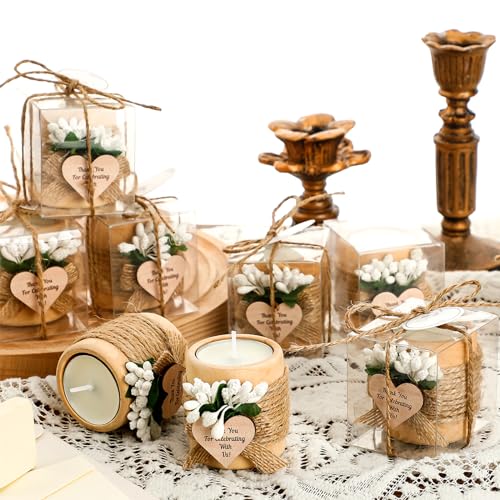 MTLEE 1 Pack Wooden Tealight Candle Holder Kit Guest Gifts, Farmhouse | Guest Gifts for Wedding Baby Shower the First Communion Baptism Housewarming Party, Thank You Candle with Card Box Rope - color: White
