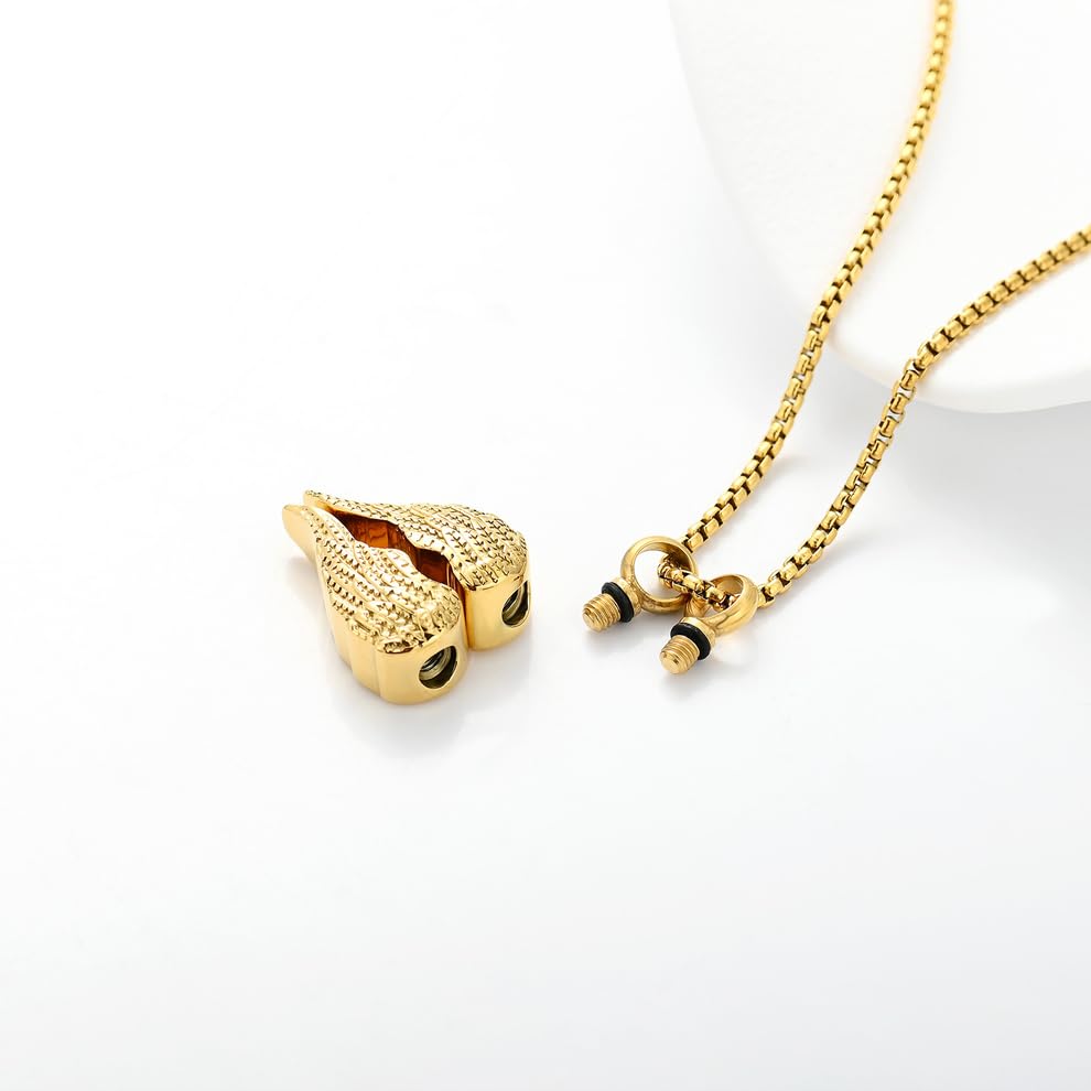 Guardian Wings Memorial Necklace for Ashes – Gold Angel Wing Cremation Pendant for Loved One