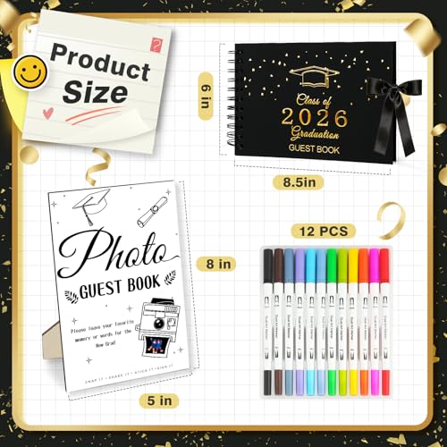 Graduation Guest Book 2026 - Class of 2026 Graduation Party Guest Sign and Photo in Book Memory, Scrapbook for High School Senior Nights Favor, College Grad Gifts, 6 x 8 Inch(Black)