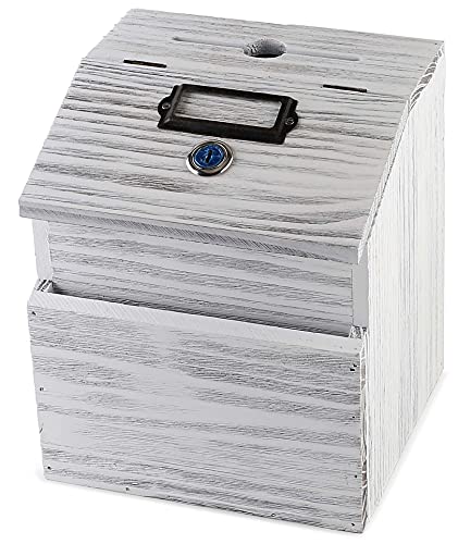 Wood Charity Donation collection Box Office suggestion Ballot Box With wide slot for envelopes and suggestion comment forms, Pocket and Locking Hinged Lid & Pen for Table Or Countertop(Rustic-White) - color: Rustic-White