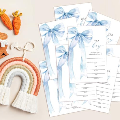 Blue Bow Baby Shower Invitations for Boys, Baby Announcement Invite Cards, 25 Set of Fill-in Baby Shower Invites with Envelopes, Gender Reveal Party Supplies -B04 - color: Blue Bow