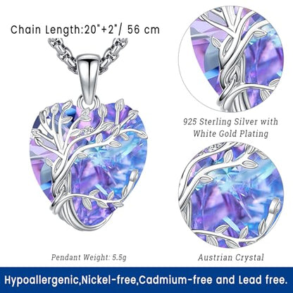 Eusense Tree of Life Necklace for Women Men Sterling Silver 925 Tree Urn Locket Cremation Jewelry Family Tree Pendant Gifts for Her Him Mom Dad Grandma Daughter - style: E-G-Tree of Life Necklace 02-Amethyst