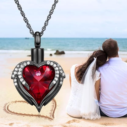 shajwo Angel Wing Heart Urn Necklace for Ashes - color: Black-Red