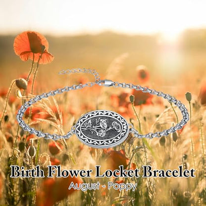 Birth Flower Photo Locket Bracelet 925 Sterling Silver 12 Month Locket Bracelet with Picture Birth Flower Photo Jewelry Gifts for Women Mother Mom Daughter - style: 08-August-Poppy