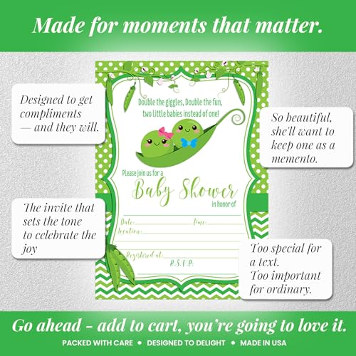 Two Peas in a Pod Theme Twin Baby Shower 20 Invitations 5"x7" Fill-In Cards with Envelopes, Boy and Girl Twin Shower Stationery Set, Design for Celebration, Made in USA by Amanda Creation - style: Two Peas in a Pod Twin Boy and Girl