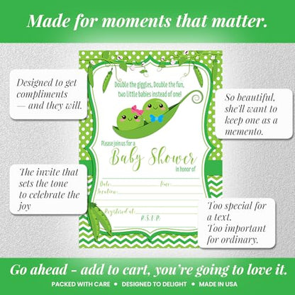 Two Peas in a Pod Theme Twin Baby Shower 20 Invitations 5"x7" Fill-In Cards with Envelopes, Boy and Girl Twin Shower Stationery Set, Design for Celebration, Made in USA by Amanda Creation - style: Two Peas in a Pod Twin Boy and Girl