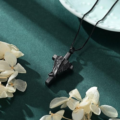 Cross Cremation Jewelry Urn Necklaces Cross Angel Wings Urn Necklaces for Ashes Memorial Keepsake Pendant for Women Men Gifts With Funnel Kit & Bag - color: Black