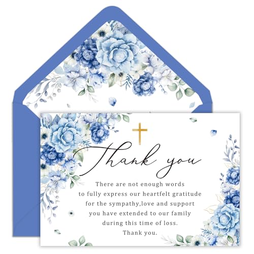 FYSUIMU Floral Funeral Thank You Cards Blue Rose Flower Sympathy Thank You Cards with Sticker Envelope Bereavement Card for Memorial Service Loved Ones Celebration of Life, 24 Pcs