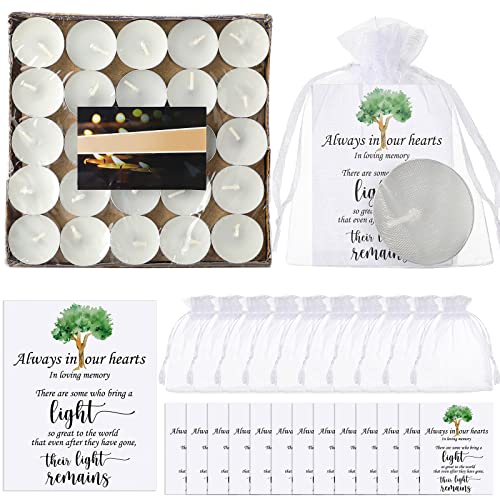 50 Set Funeral Party Favors Memorial White Candles Unscented Funeral Gifts Tealight Candles with Condolence Bereavement Cards and Organza Bags for Guest Celebration of Life Decorations (Classic) - style: Classic