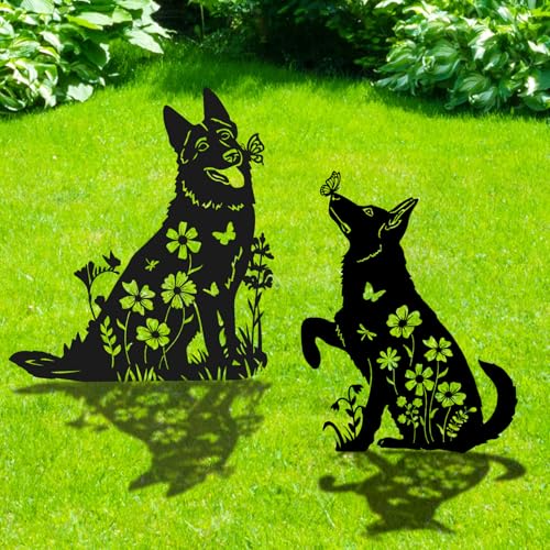 Rngmsi German Shepherd Metal Garden Stakes Yard Decor, 2PCS Black Dog Silhouette Statues Garden Decorative Gifts for Yard Art, Patio, Outside, Lawn Ornaments, Christmas, Backyard - style: German Shepherd
