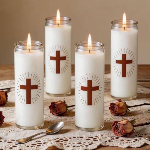 4 Pack White Prayer Candles, Devotional Prayer Candle in Glass Jars, Long‑Burning Smokeless Cross Catholic Candles for Church, Altar Vigil & Memorials - size: 4