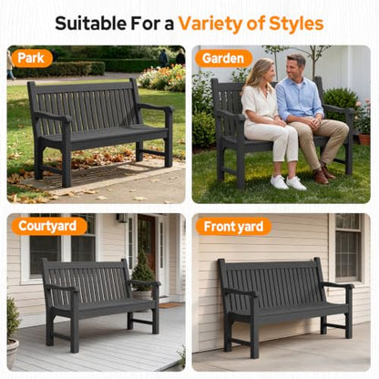2-Person Outdoor Bench with 700 Lbs Weight Capacity, Black | Poly Lumber Weatherproof Garden Bench Seating for Porch, Balcony and Park, All-Weather Patio Bench Furniture - color: Black