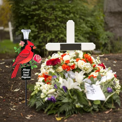 Solar Cardinal Memorial Stakes for Graves - Metal Cemetery Decorations with LED Light, Sympathy Gift for Loss of Father Dad, Mom, Grandma, Garden Grave Markers - style: Red Cardinal