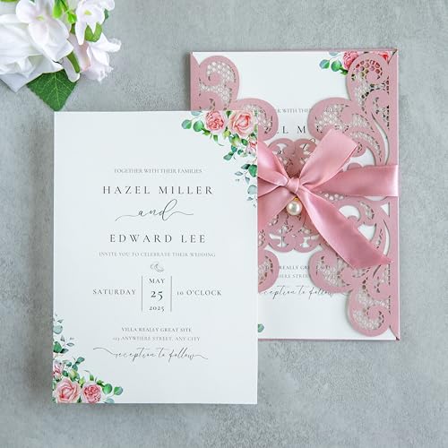 20Pcs Personalized Wedding Invitation, Customized Dusty Rose Laser Cut Invitation Cards With Envelopes Rhinestone Pearls and Ribbons For Wedding XV Anos Quinceanera Invitation - color: 20pcs-Customized Dusty Rose