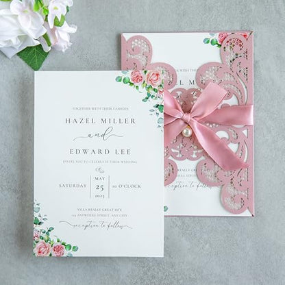 20Pcs Dusty Rose Laser Cut Wedding Invitation Cards With Envelopes - color: Dusty Rose