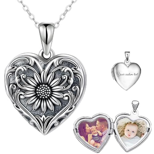 SOULMEET Personalized Silver Locket Necklace That Holds Pictures Photo Keep Someone Near to You, Memorial Custom Lockets Necklaces Letters Engraving for His Her - color: A-Sunflower-Black, style: Locket+Custom Photo+Engraved