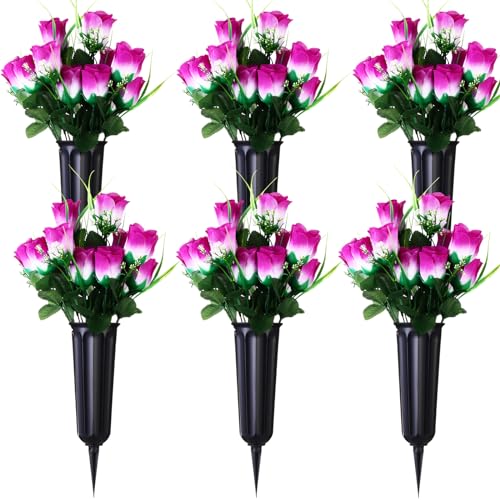 Tigeen 6 Set Cemetery Memorial Flowers for Grave Decor,Purple | 12 Bunches 84 Heads, Artificial Silk Rose Floral Bouquet with Grave Vase for Gravesite Cemetery Headstones Decorations - color: Purple