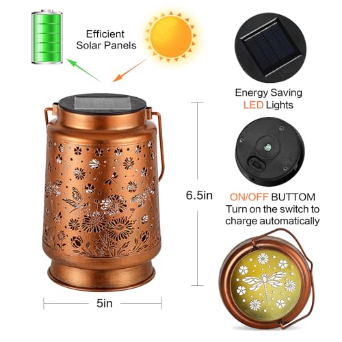 2 Pack Dragonfly Solar Lanterns Outdoor Waterproof Daisy Garden Decor Birthday Gifts for Women Mom Grandma Hanging Solar Lights Metal Lantern Decoration Outside for Porch,Patio,Yard,Backyard - style: P. 2 Pack Dragonfly Lantern
