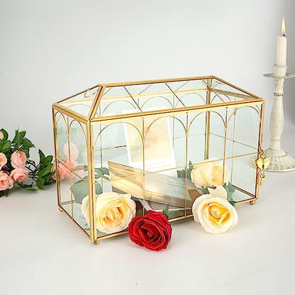 Glass Wedding Card Box with Lock, 12.6x5.9x9 inches Large Gold Card Boxes | Wedding Card Boxes for Reception, Glass Card Box for Wedding, Graduation, Keepsake Display, Party Centerpiece Decorative Box - size: 12.6 x 5.9 x 9 Inches with Arch
