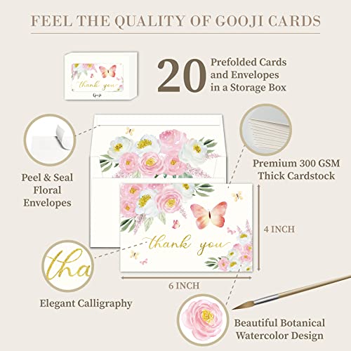 Gooji 4x6 Butterfly Pink Floral Thank You Cards with Envelopes (Bulk 20-Pack) Matching Peel-and-Seal Envelopes, Watercolor, Birthday Party, Baby Shower, Weddings, Greeting - color: Pink, White, Green