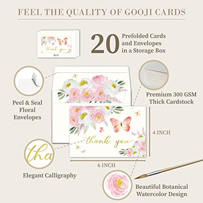 Gooji 4x6 Butterfly Pink Floral Thank You Cards with Envelopes (Bulk 20-Pack) Matching Peel-and-Seal Envelopes, Watercolor, Birthday Party, Baby Shower, Weddings, Greeting - color: Pink, White, Green