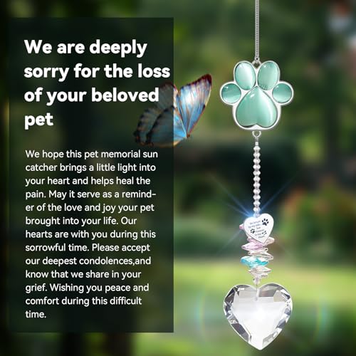 Dog Memorial Gifts, Pet Memorial Suncatcher, Loss of Dog Sympathy Gift | Thoughtful Dogs and Cats Bereavement Remembrance Gifts, Natural Cat's Eye Stone Paw Crystal Suncatcher - color: Jade