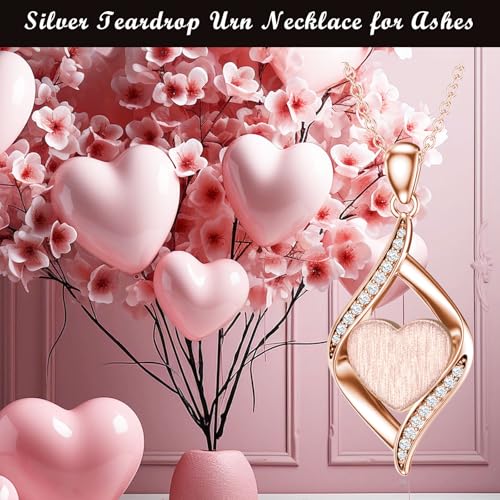 925 Sterling Silver Urn Necklace for Ashes, Teardrop/Tree of Life/Sunflower/Dragonfly/Sea Turtle/Celtic Knot/Elephant/Hummingbird Memorial Cremation Pendant Necklaces for Animal Human Ashes - color: Rose Gold