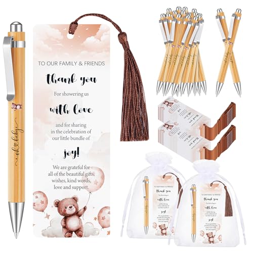 50 Sets Baby Shower Favors for Guests, Includes Bamboo Ballpoint Pens Thank You Bookmarks Organza Bags Baby Shower Party Favors Gender Reveal Return Gifts for Guest Game Prizes Souvenirs (Brown Bear) - color: Brown Bear