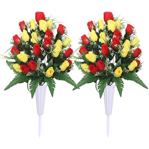 Lodou Artificial Cemetery Flowers,Outdoor Grave Decorations Roses,Arrangements Bouquet with Cemetery Vase, Silk Flowers for Long-Lasting Remembrance (Red Yellow) - color: Red Yellow