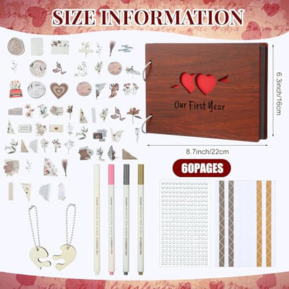 Kosiz Our First Year Anniversary Scrapbook Wooden Photo Album 8.7x6.3 DIY | Black Pages with Stickers and Pens, Wooden Cover, Couples Memory Book, Wedding Gift, Anniversary Journaling Album Kit