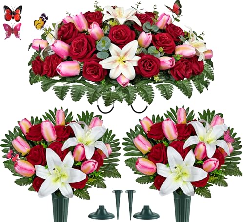 Artificial Cemetery Flowers – Realistic Silk Flower Outdoor Grave Decorations,Headstone Flower Saddle, Non-Bleed Colors, and Easy Fit - Pink Tulip,White Lily and Red Rose