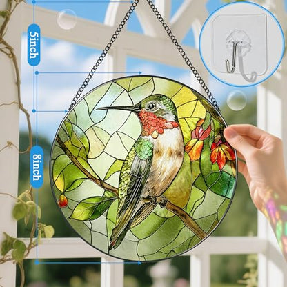 Stained Glass Window Hanging, 8" Stained Glass Hummingbird Suncatcher, Hummingbird Gifts for Women | Christmas, Mother’s Day, Easter, Birthday Gifts for Mom, Grandma, Nana, Wife, Sister & Bird Lovers - color: Hummingbirds