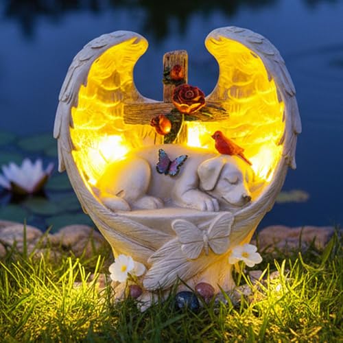 Solar Dog Memorial Stone with Wings Cross Cardinal Passing Away Gift | Sleeping Pet Grave Markers Dog Loss Sympathy Gift Resin Statue with Solar Lights for Garden Decor - color: Angel Wings Cross Dog