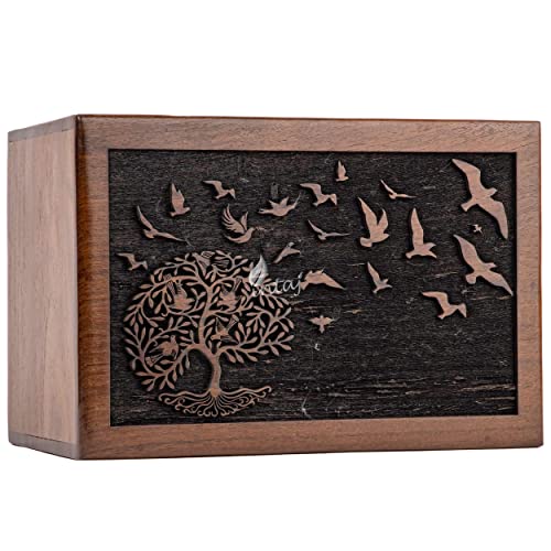Rosewood Urn for Human Ashes, Tree of Life with Birds, Small 40 lb | Hand-carved solid sheesham rosewood, screw-locked sliding base, engraving available, holds up to 40 lb - color: Tree of Life With Birds, size: Small (40 lb)